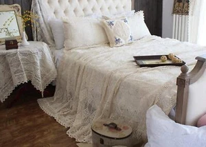 VINTAGE COTTON BEDDING SET HAND CROCHET BEDSPREAD HOOK FLORAL BEIGE LACE BED SPR - Picture 1 of 8