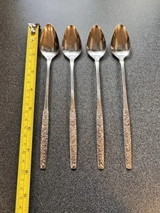 WM A Rogers Oneida Ltd Stainless Malibu Floral Lot Of 4 Ice Tea Spoons Tall 7.5” - Picture 1 of 5