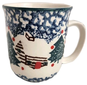 Vintage Hütte im Schnee Weihnachten Becher Tasse Bäume blau Speck Stoney Hill - Bild 1 von 8
