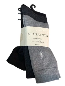3 pares de calcetines ALL SAINTS para hombre CREW NEGROS GRISES con logotipo talla (US 7-13 | EUR 40-46) - Imagen 1 de 4