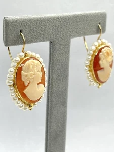 Ohrringe aus 14kt Gelbgold mit Kameen Karneol und Perlen - Bild 1 von 5