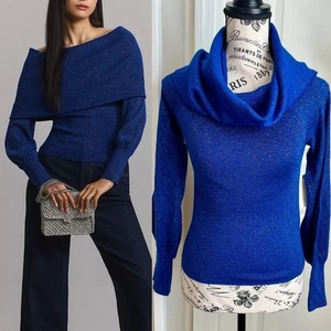 Suéter Anthropologie Sensual Fuera del Hombro Mezcla Lana Azul Brillante Talla S - Imagen 1 de 15