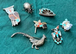 Lot Of Vintage Native Sterling Turquoise Coral Inlaid Brooch Pendant Quail Owl - Picture 1 of 8