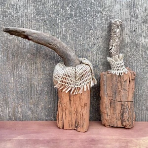 Set of 2 Traditional Rustic Orange Worn WOODBLOCK PUMPKINS Natural Stems, Burlap - Picture 1 of 9