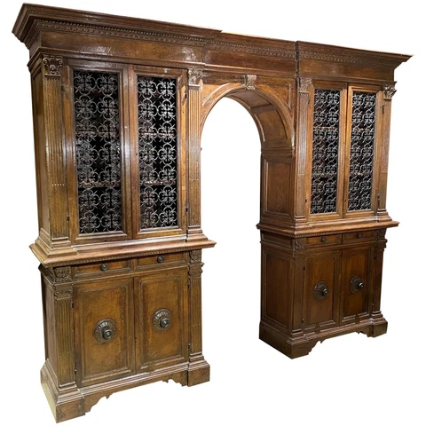 19th Century Large Renaissance Style Walnut Cabinet Bookcase with Arched Center Cover