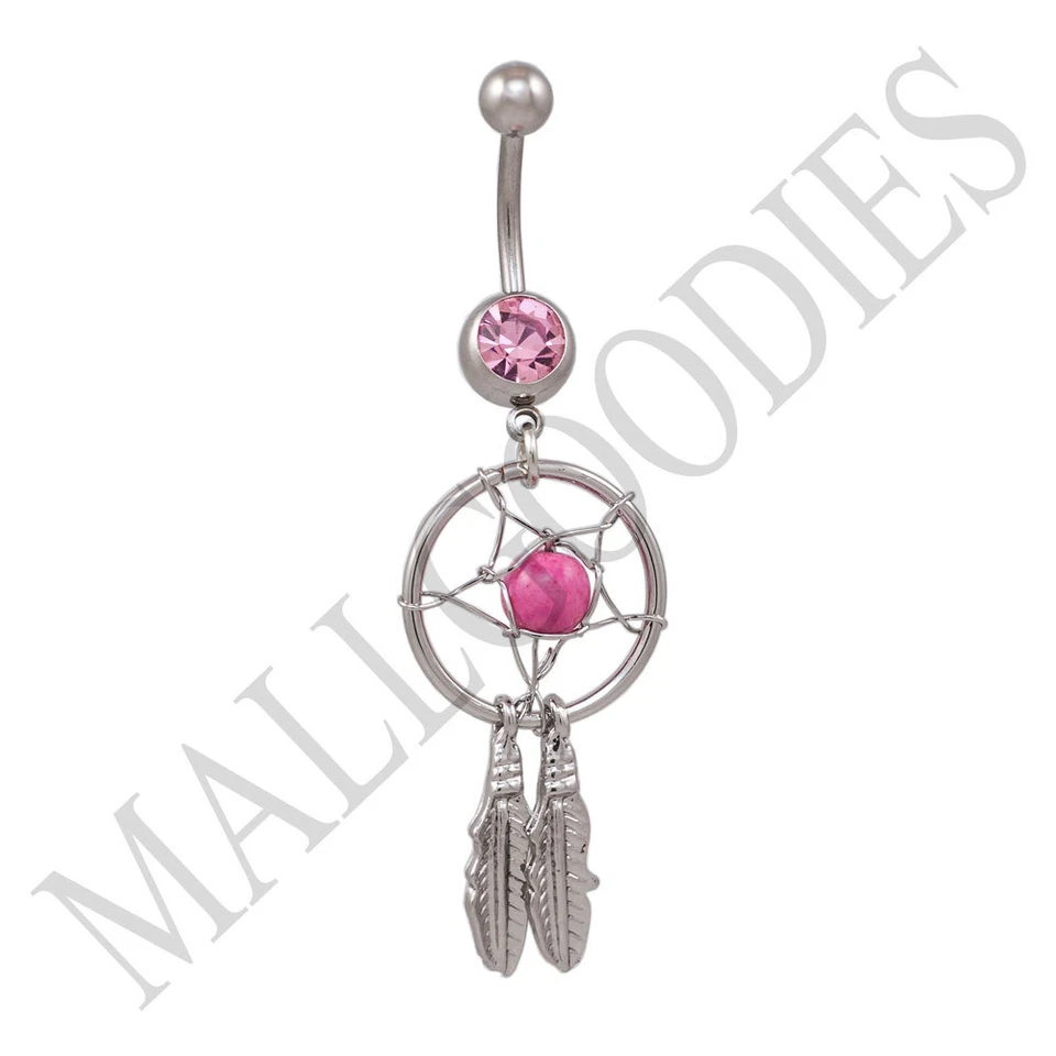 B102 热销粉色捕梦网捕梦者肚脐环羽毛珠手术 — 第 1/1 张图片