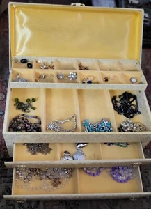 Vintage Lady Buxton 2 Drawer 4 Level Gold/Yellow Jewelry Box With Jewelry - Picture 1 of 19