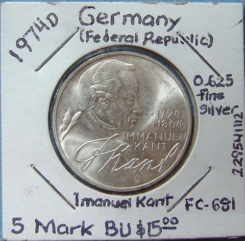 1974-D - 0.625 Fine Silver, West Germany, 5 Deutsche Mark, Immanuel Kant, BU Cover