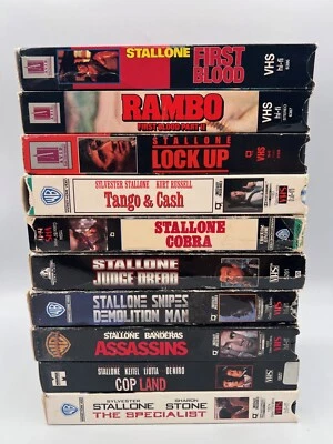 LOT OF 10 VHS TAPES ALL STALLONE! First Blood, Lock Up, Cobra, Tango Cash, Dredd - Image 1 of 4