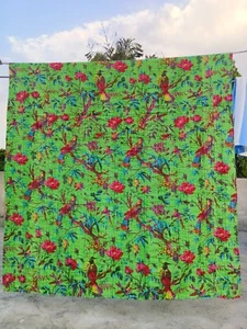Rajasthani Birds printed Parrot Green Vintage kantha Quilt Blanket Gudari Throw - Picture 1 of 6