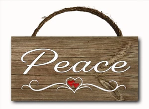 Peace Word Script Heart Hanging Wood Plaque Wall Sign Rustic Room Decor 12x6 - Picture 1 of 3