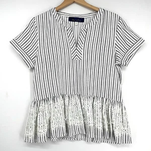Blue Rain Womens Shirt Top Size L Black White Striped Lace Ruffle Classic Peplum - Picture 1 of 5
