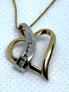 14K Box Link Chain w 10K White Gold Diamond Infinity Open Heart Pendant 3.13g - Picture 1 of 7