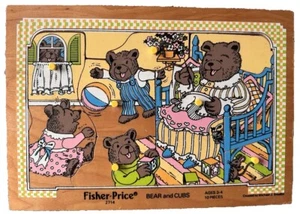 Vtg Fisher Price Bear & Cubs Wood Puzzle Tray 10pc Learn Toy Toddler *Easy Grab* - Picture 1 of 5