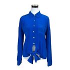 Madison Marcus Womens Silk Blouse Bright Blue Button Down Top Tie Front Size M