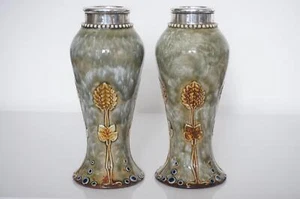 Pair Royal Doulton Lambeth Art Nouveau Silver Mounted Vases - c.1910 - Picture 1 of 12