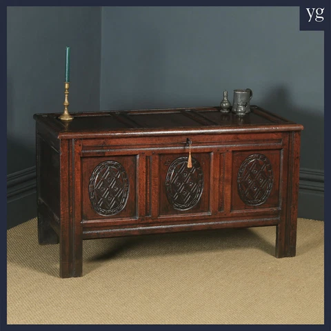 Antique English 17th Century Oak Carved Triple Panel Coffer Chest Blanket Box Cover
