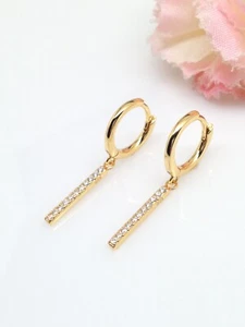 925 Sterling Silver Cz Gold Bar Dangle Huggie Hoop Earrings 28mm/ 10.8mm SMALL - Picture 1 of 8