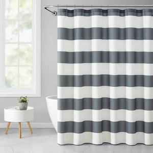 Mainstays Cabana Striped Printed, Gray, 72" x 72", Ribbed Textured Shower Curtai - Picture 1 of 3