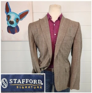 Stafford Mens Two Button Slim Fit Blazer Jacket Brown Glen Check Wool Size 46R - Picture 1 of 13