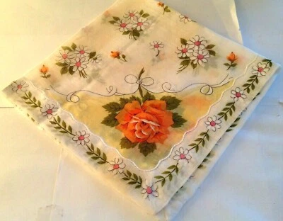 Women Peach Rose & White Daisy Ribbon Linen Handkerchief Hankie - Image 1 of 4