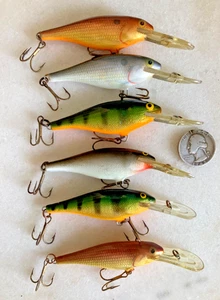 LOTE DE COLECCIÓN 6 CRANKBAITS RAPALA SHAD RAP FOIL SEÑUELOS DE PESCA BALSA DEEP DIVER DORADO - Imagen 1 de 8