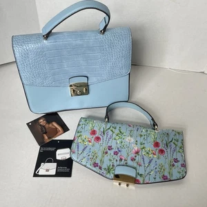 IMAN Global Chic Blue Floral Handbag Interchangeable Zip Flaps Purse Summer EXC! - Picture 1 of 12