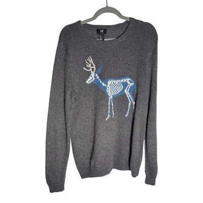 H&M Gray Wool Blend Sweater Blue Deer Skeleton Graphic Mens Cozy Fall Casual - Image 1 of 4