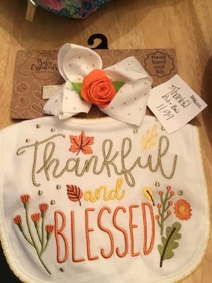 Baby Essentials 0-6 months Thanksgiving Thankful Fall Leaves Bib & Headband New - Image 1 of 4