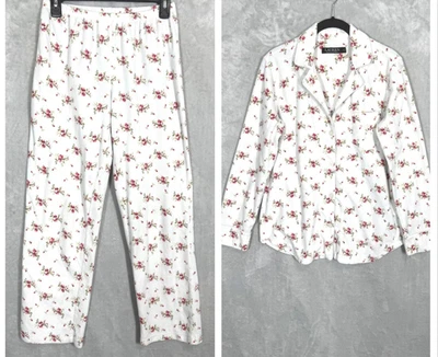 Ralph Lauren 2-Pc Set Fleece Pajama Ivory Floral Rose Buds Womens XL Warm - Image 1 of 4
