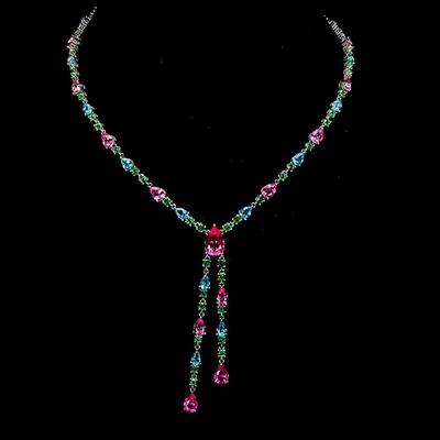 925 Sterling Silver Necklace Pear Multi Topaz 12x8mm Gemstone Jewelry 17 Inches - Image 1 of 4