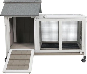 Petscosset 2 Story Outdoor Rabbit Hutch Wooden Bunny Cage Indoor House,Grey - Picture 1 of 7