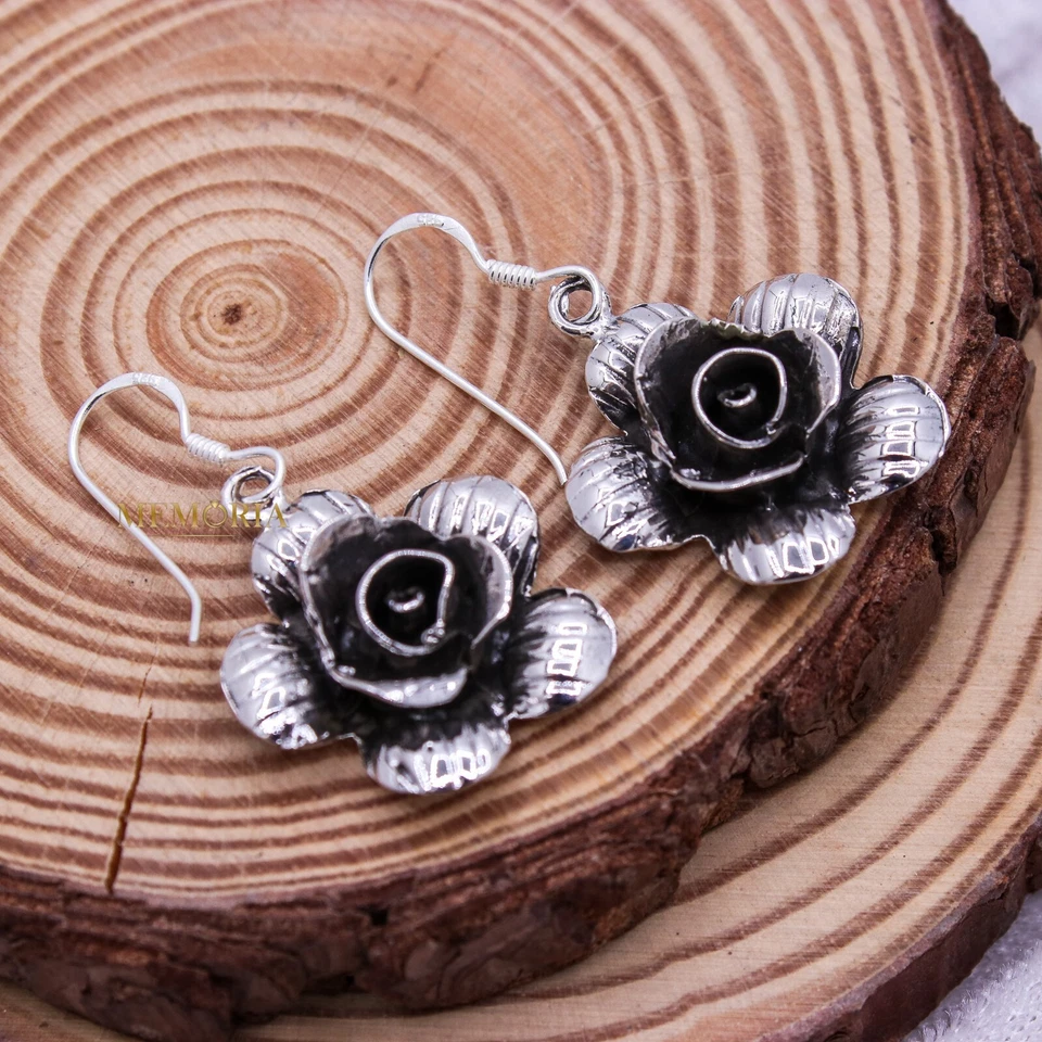 925 Sterling Silver Black Oxidized Flower Dangle Earrings Jewelry Gift for Her Foto 1 de 1