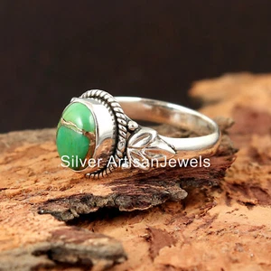 Copper Turquoise Ring 925 Sterling Silver Band Green Gemstone Oval Ring For Her - Picture 1 of 3