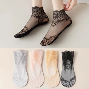 Women Transparent Thin Flower Lace Socks Crystal Silk Short Ankle Socks Summer - Picture 1 of 19