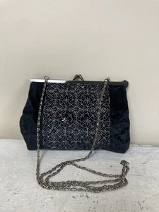 Vintage Black Velvet Handbag Chain Strap Disco Party Christmas Wedding - Picture 1 of 6