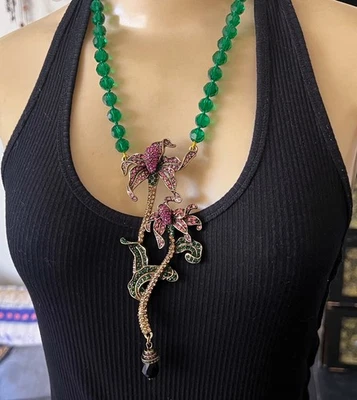 Art Nouveau Revival Necklace Huge Rhinestone Flower Pendant Green Crystal Beads - Image 1 of 4