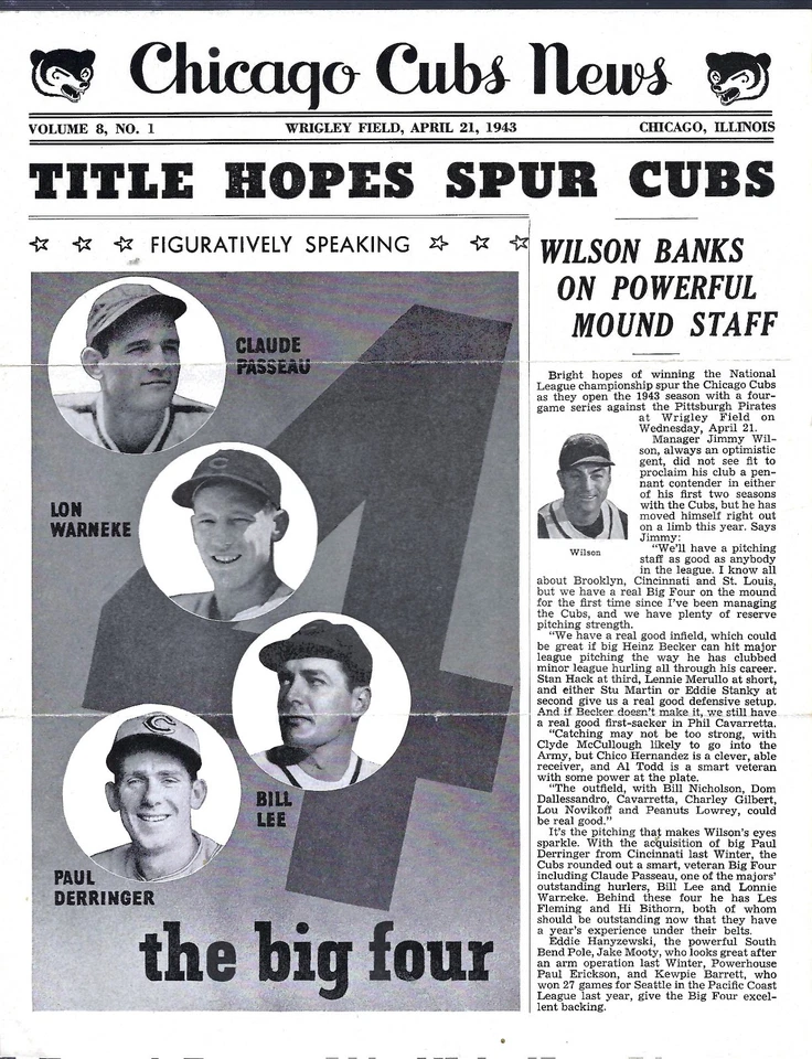 1943 Chicago Cubs News Newsletter 4/21/43 - Warneke Passeau cover - Image 1 of 4