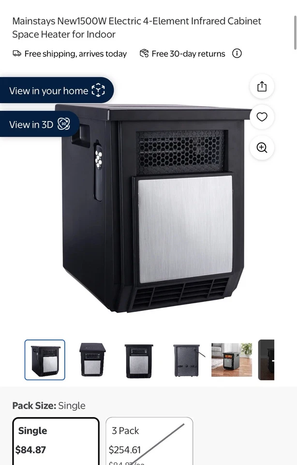 Calentador de Cuarzo Infrarrojo Mainstays con Control Remoto 1500W 4 Elementos 3 Ajustes Portátil NUEVO Foto 1 de 1