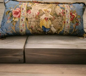 Pierre Deux Blue & Red Avignonet Bordure French Pleated Pillow Lumbar 22"X 11" - Picture 1 of 13
