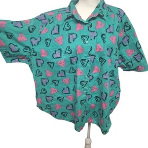 Maggie Lawrence Sport Button Down Shirt Green Heart Vintage Womens 30 32 W 90s - Picture 1 of 7