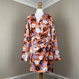 Zara Orange Floral Wrap Dress Size XS BNWT Long Sleeve Party Wedding - Picture 1 of 17