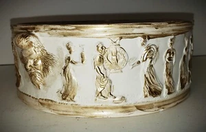 Vintage 1960s SIGNED Classical Greco-Roman Flat Bowl Unglazed Ceramic Gold Gilt - Picture 1 of 4