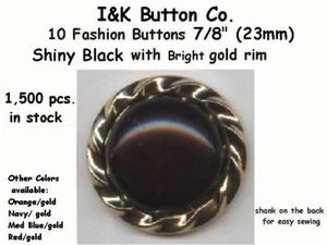 10 Shiny Black and Bright Gold plated Plastic Rim Retro Fashion Buttons ~7/8" - Picture 1 of 2