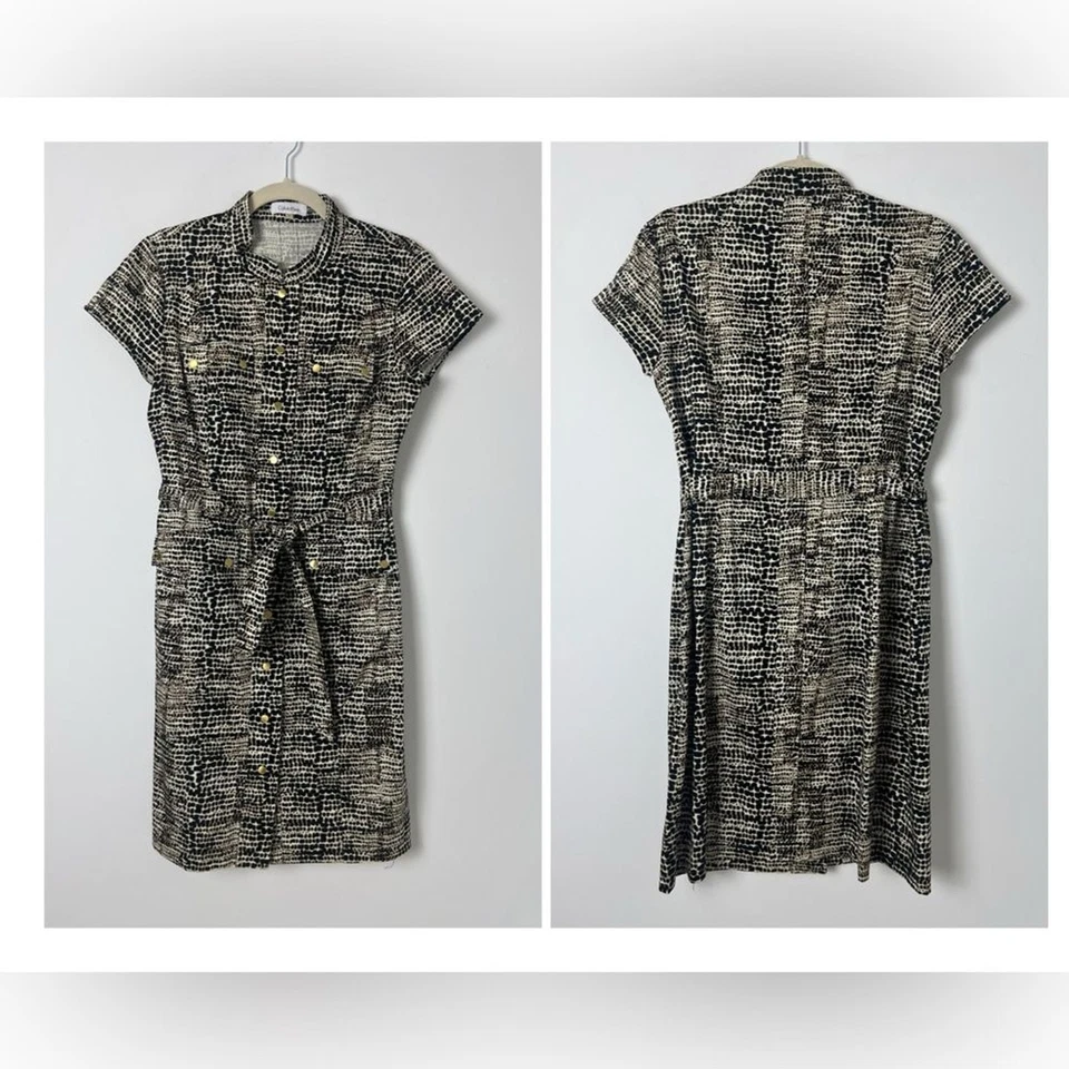 Calvin Klein Animal Print Safari Snap Front Belted Pockets Shift Dress Cotton 12 - Image 1 of 4