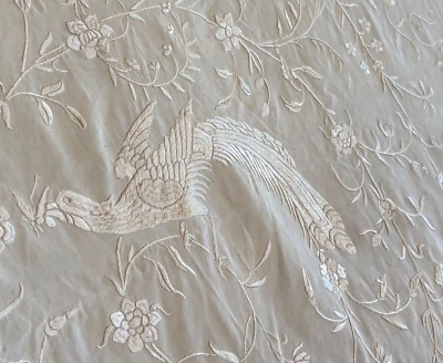 Antique Vtg Silk Piano Shawl Manton Embroidered Flowers Pheasants Fringed 62x62” - Image 1 of 4