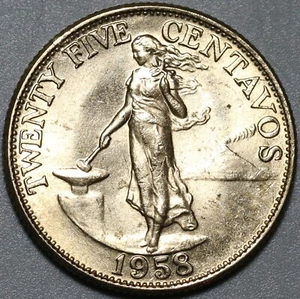 1958 Philippines 25 Centavos Choice BU USA Commonwealth Design Coin (24061301R) - Picture 1 of 2