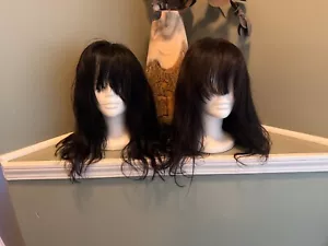 Beautiful! Two Matching Long Human Human Wigs - Wavy, Full Bangs, Black Remy - Picture 1 of 5