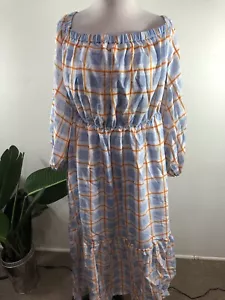 Eloquii Womens Off The Shoulder Maxi Dress 14 Size Blue Orange Check Tiered - Picture 1 of 6