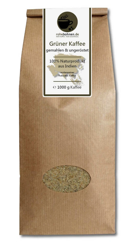 Grüner Kaffee gemahlen - Indien Robusta 1kg - Green Coffee Abnehmen Diät